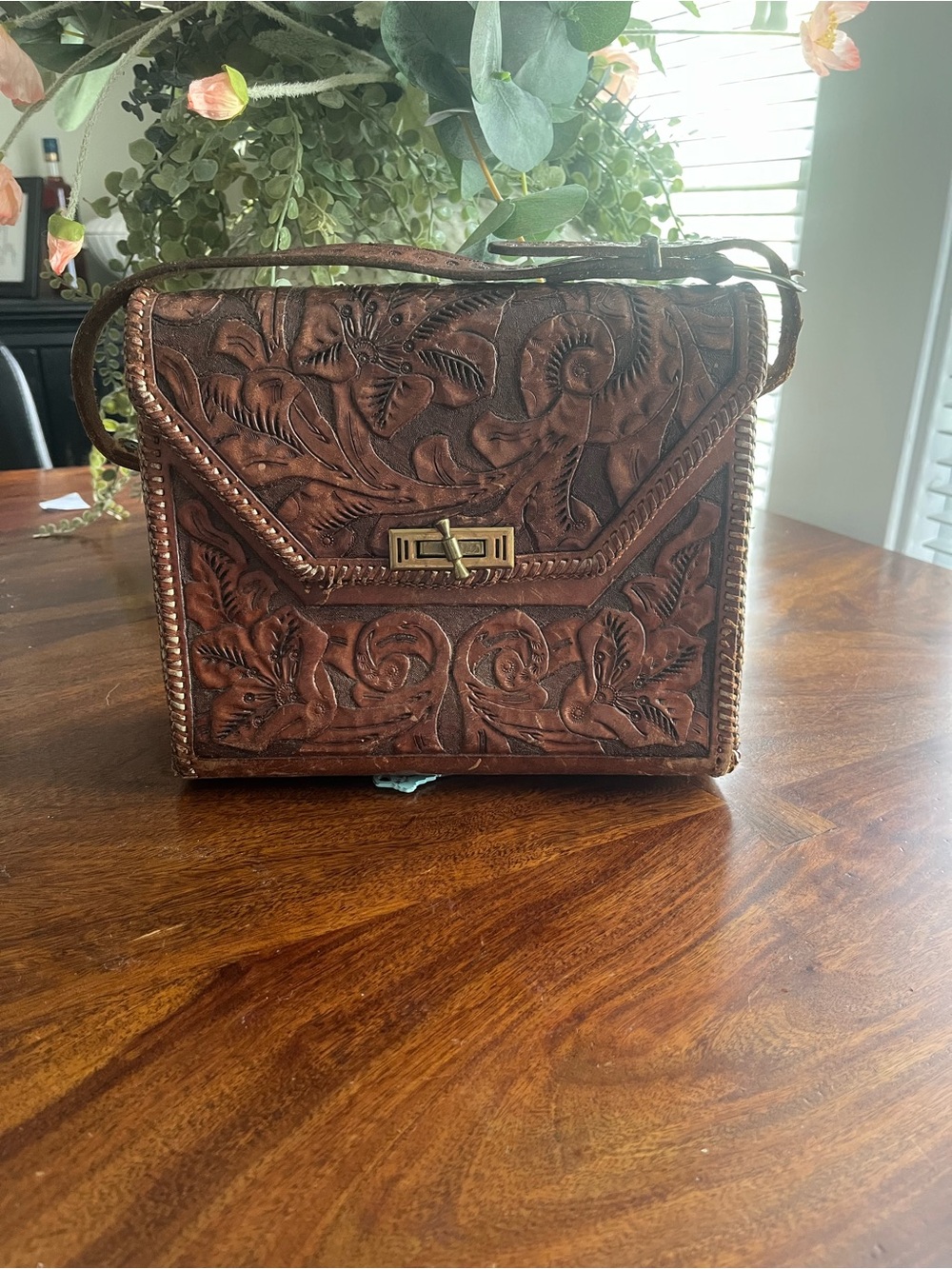 Vintage Tooled Leather Floral Handbag